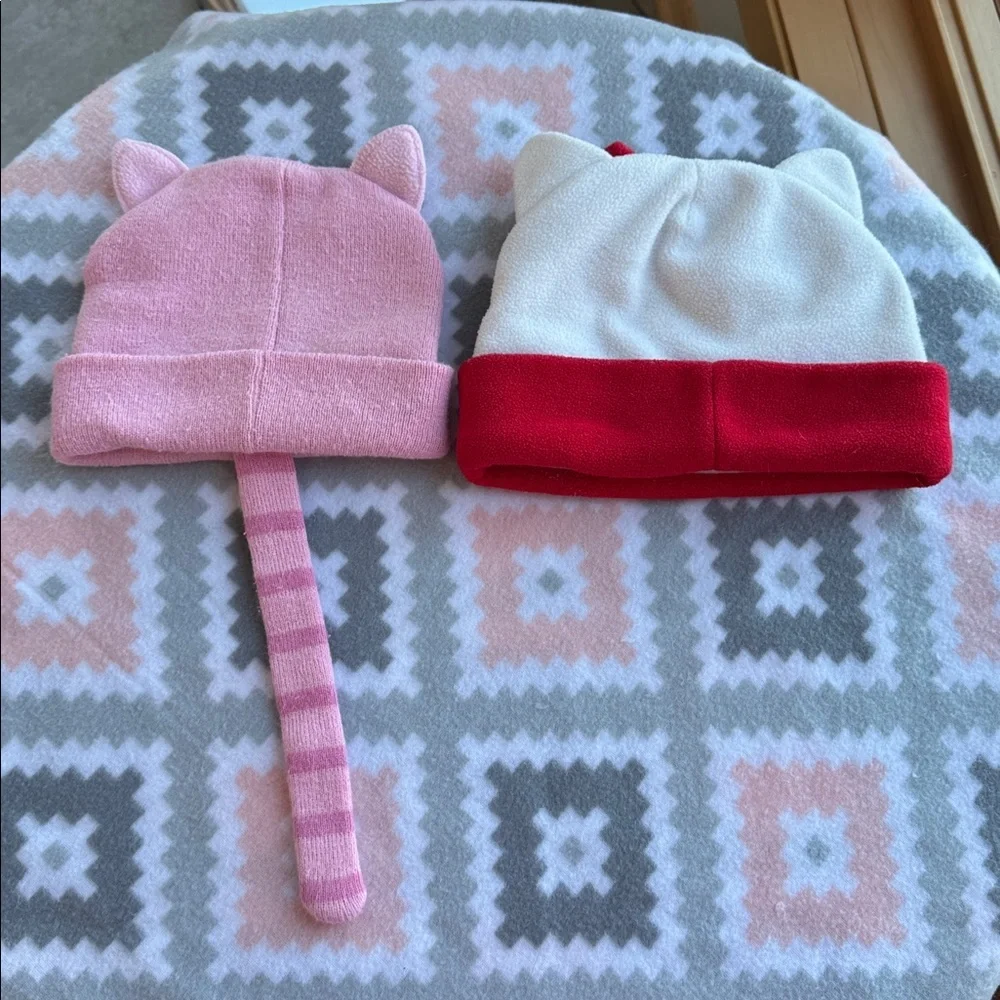 2 hats Hello Kitty and Pink Cat Beanies - White Red Pink